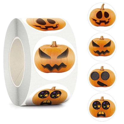 Halloween Pumpkin Stickers Cartoon Jack-O-Lantern Sticker Roll Trick Or Treat Bag Package Labels Party Favors Decor DIY Scrapbook 500pcs