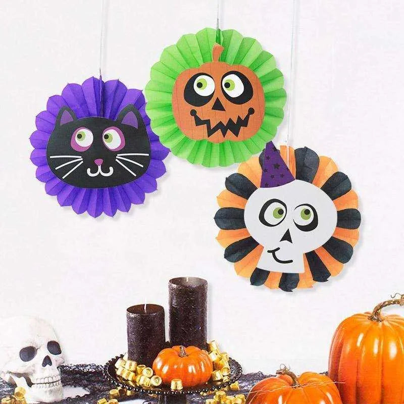 Halloween Skull Pumpkin Cat Colorful Paper Fan Set