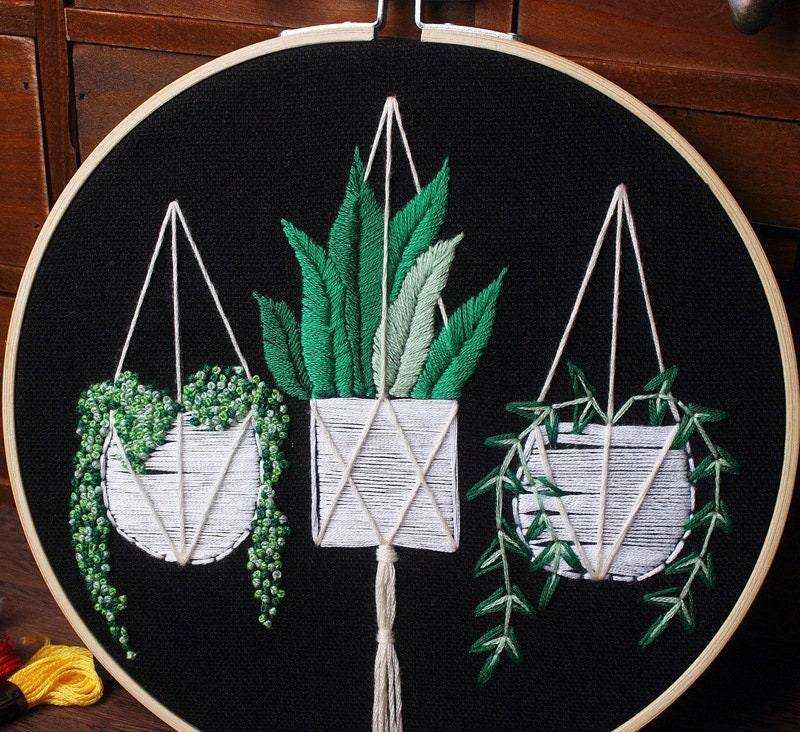 Hanging Basket Embroidery Pattern Plant Embroidery Black Decor