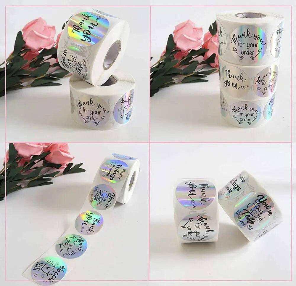 Holographic Thank You Sticker Roll Iridescent Care Package Labels Circle Stickers