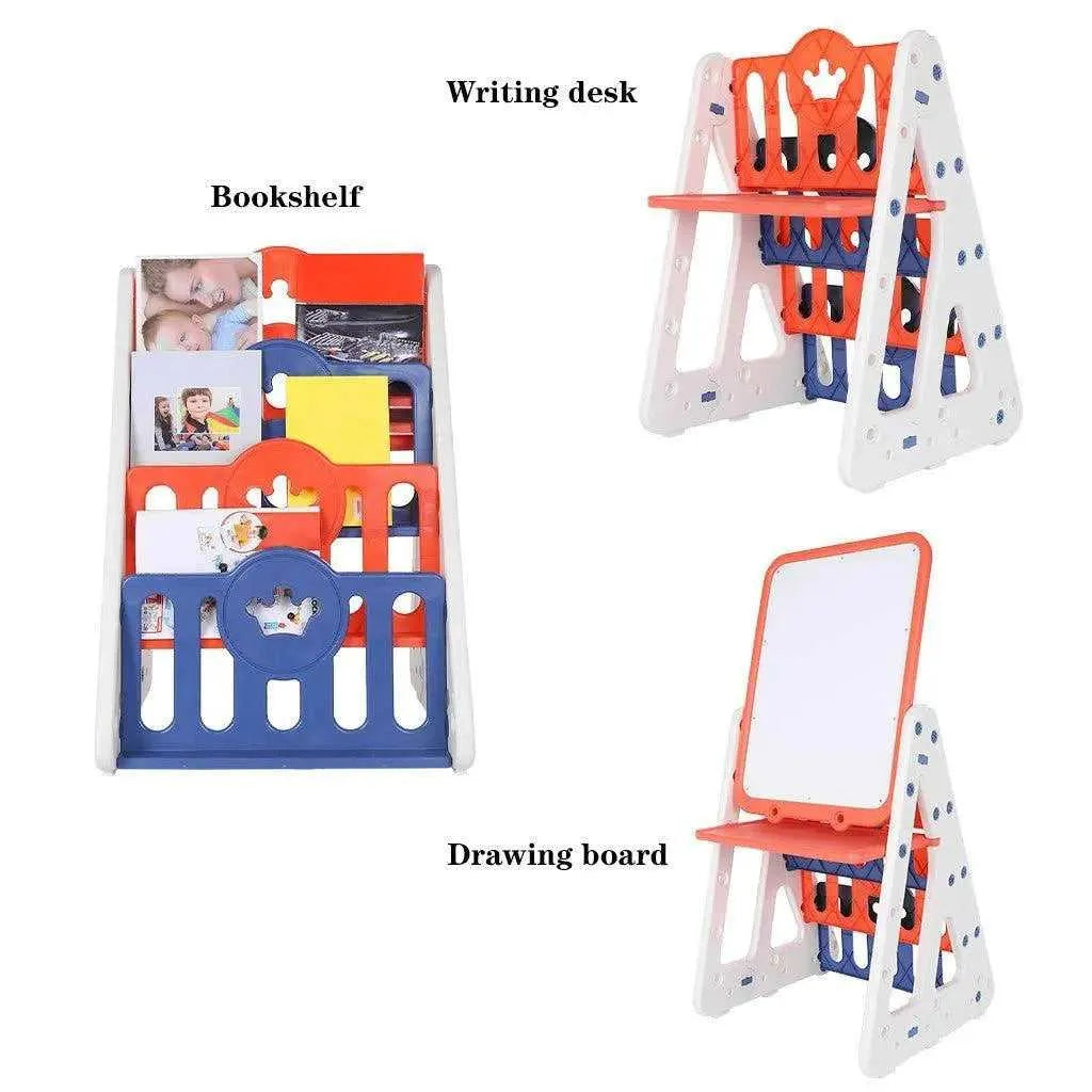 Kids 4-in-1 Easel Play Station with Bookshelf, Chair, and Bottom Storage , Kids Arts & Crafts, Kids Easel Play Station With Bookshelf Back ToyshelfDrawing Board And Chair