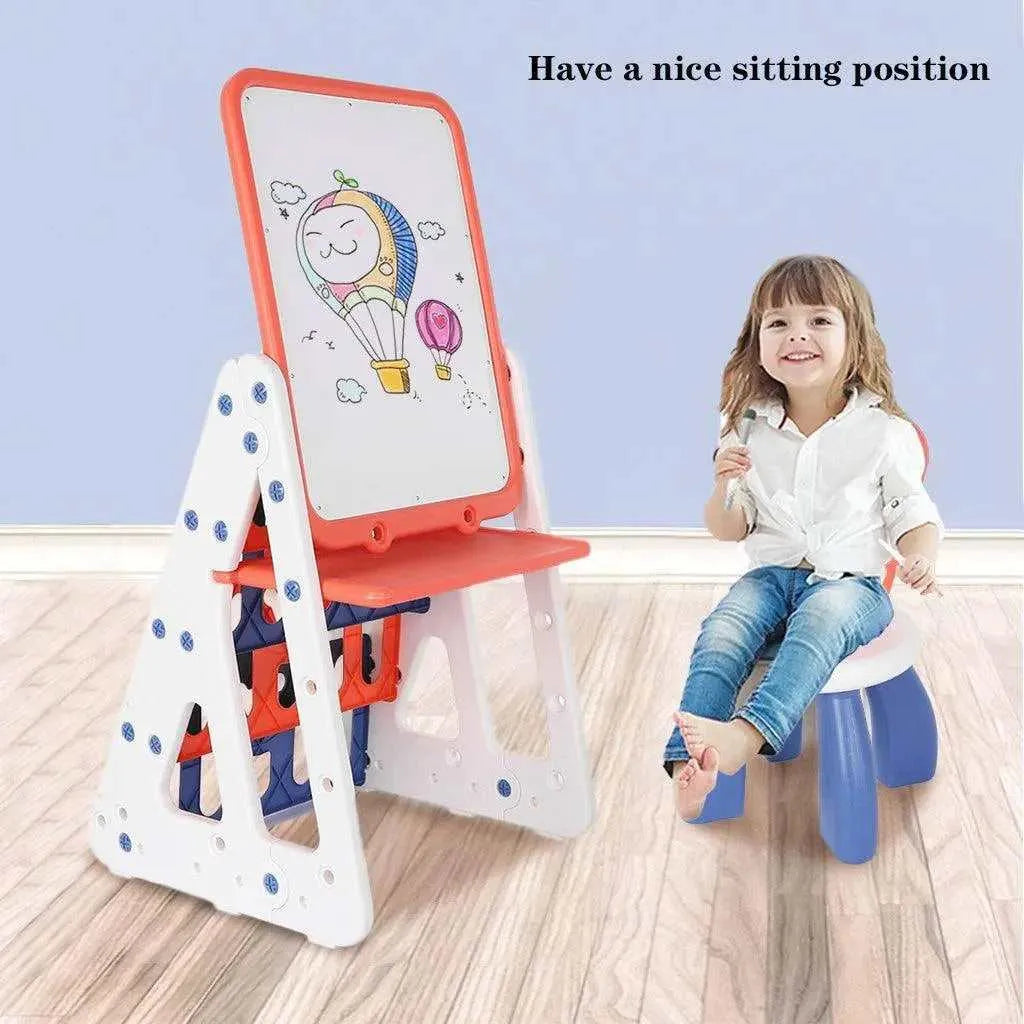 Kids 4-in-1 Easel Play Station with Bookshelf, Chair, and Bottom Storage , Kids Arts & Crafts, Kids Easel Play Station With Bookshelf Back ToyshelfDrawing Board And Chair