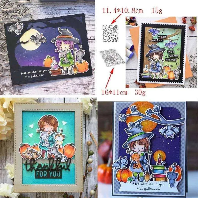 Little Witch Cutting Dies And Stamps For Cardmaking And Scrapbooking DIY Crafting Tool DIe Cutting Supplies Halloween Card Supply