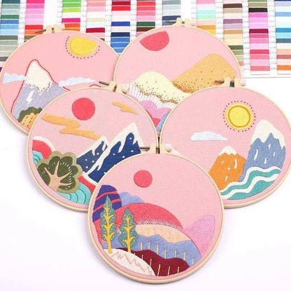 Pink Embroidery Mountain Cross Stitch Landscape Cross Stitch