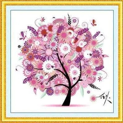 Printed Cross Stitch Kit Colorful Tree Embroidery 4 Seasons Wall Art