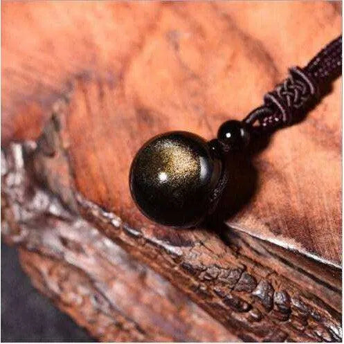 Round Obsidian Pendant Necklace for Women Girls Beaded Necklace Volcanic Golden Real Obsidian Natural Gemstone Healing Crystal Jewelry